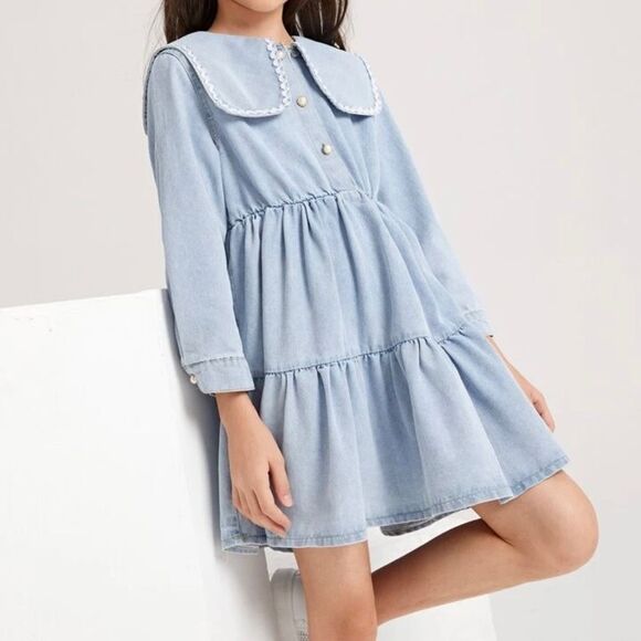 Shein Peter Panel Button Front Denim Chambray Dress 100% Cotton Girls Size 12 - Picture 1 of 16